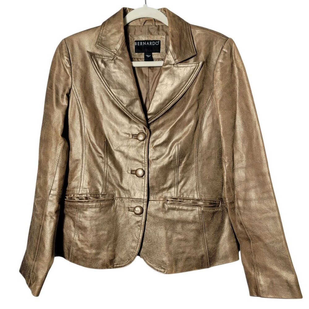 Bernardo Womens Y2K Cognac Metallic Leather Jacket Small Cyber Edgy Downtown